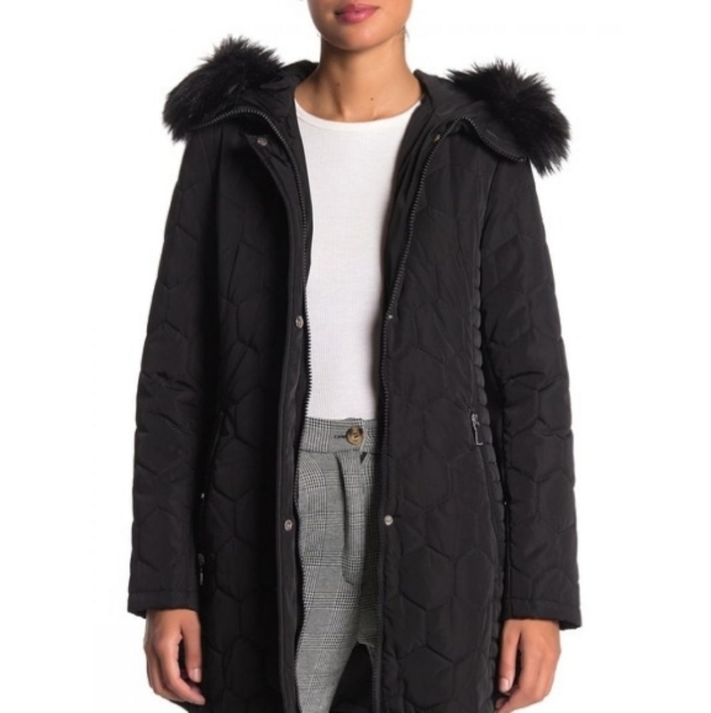 Calvin Klein Removable Faux Fur Trim Hood Quilted